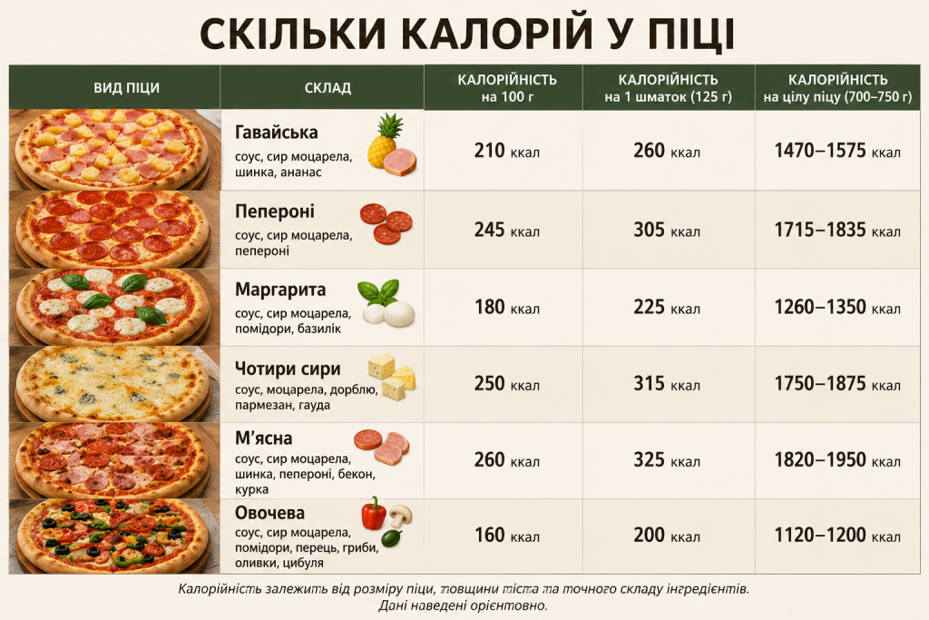Інфографіка з таблицею калорійності шести видів піци: Гавайська, Пепероні, Маргарита, Чотири сири, М'ясна та Овочева — з даними на 100 г, на шматок і на цілу піцу