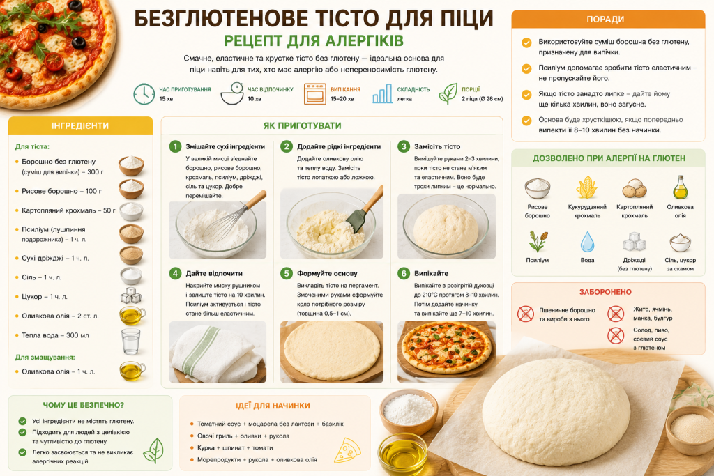 Інфографіка з рецептом безглютенового тіста для піци з інгредієнтами та покроковою інструкцією приготування
