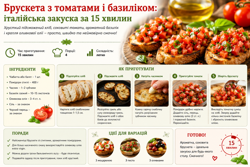 Інфографіка з рецептом брускети з томатами і базиліком: інгредієнти, покрокове приготування, поради та варіанти подачі.