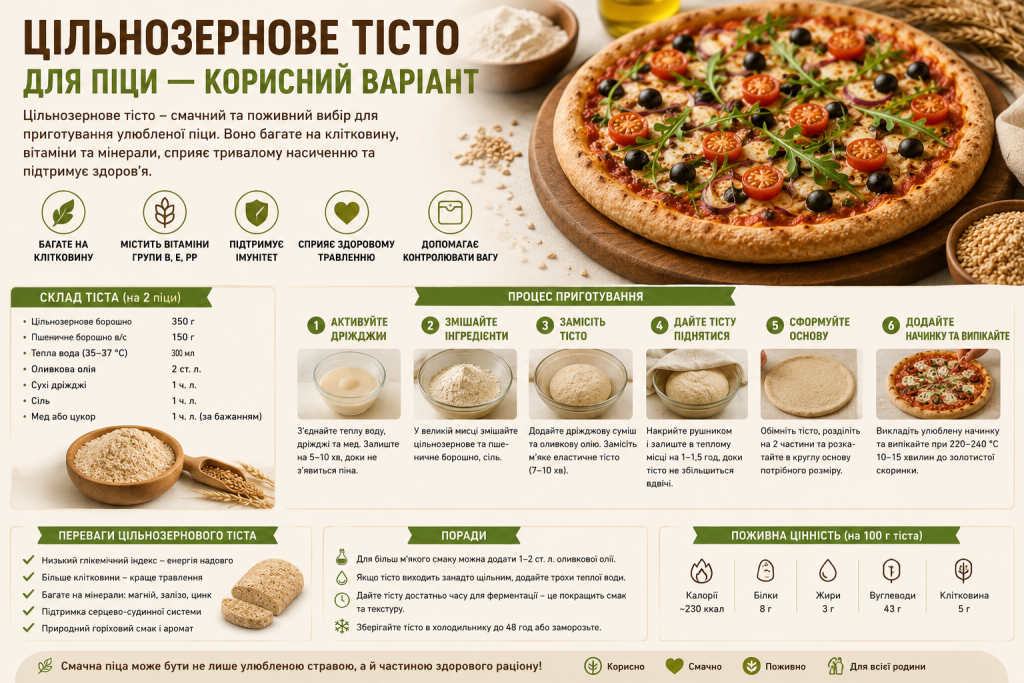 Інфографіка з рецептом цільнозернового тіста для піци, складом, процесом приготування та поживною цінністю
