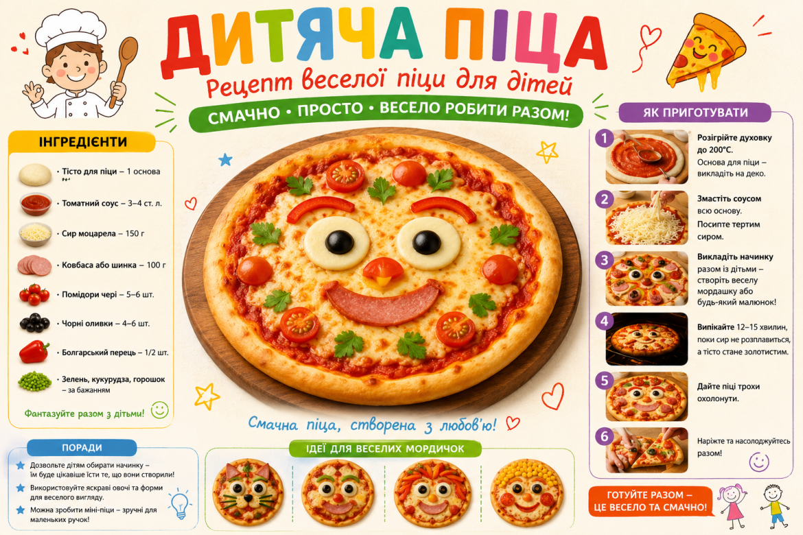 Рецепт веселої дитячої піци у вигляді смайлика з овочами та ковбасою