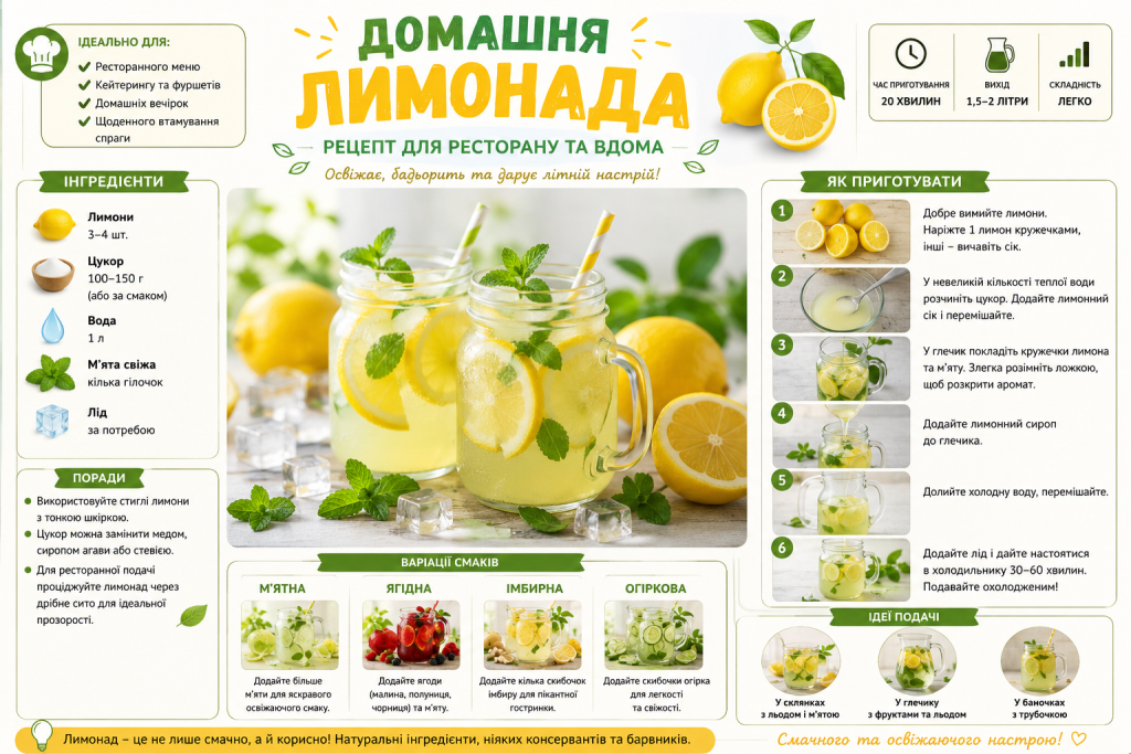 Рецепт домашньої лимонади з лимонами, м'ятою та варіаціями смаків