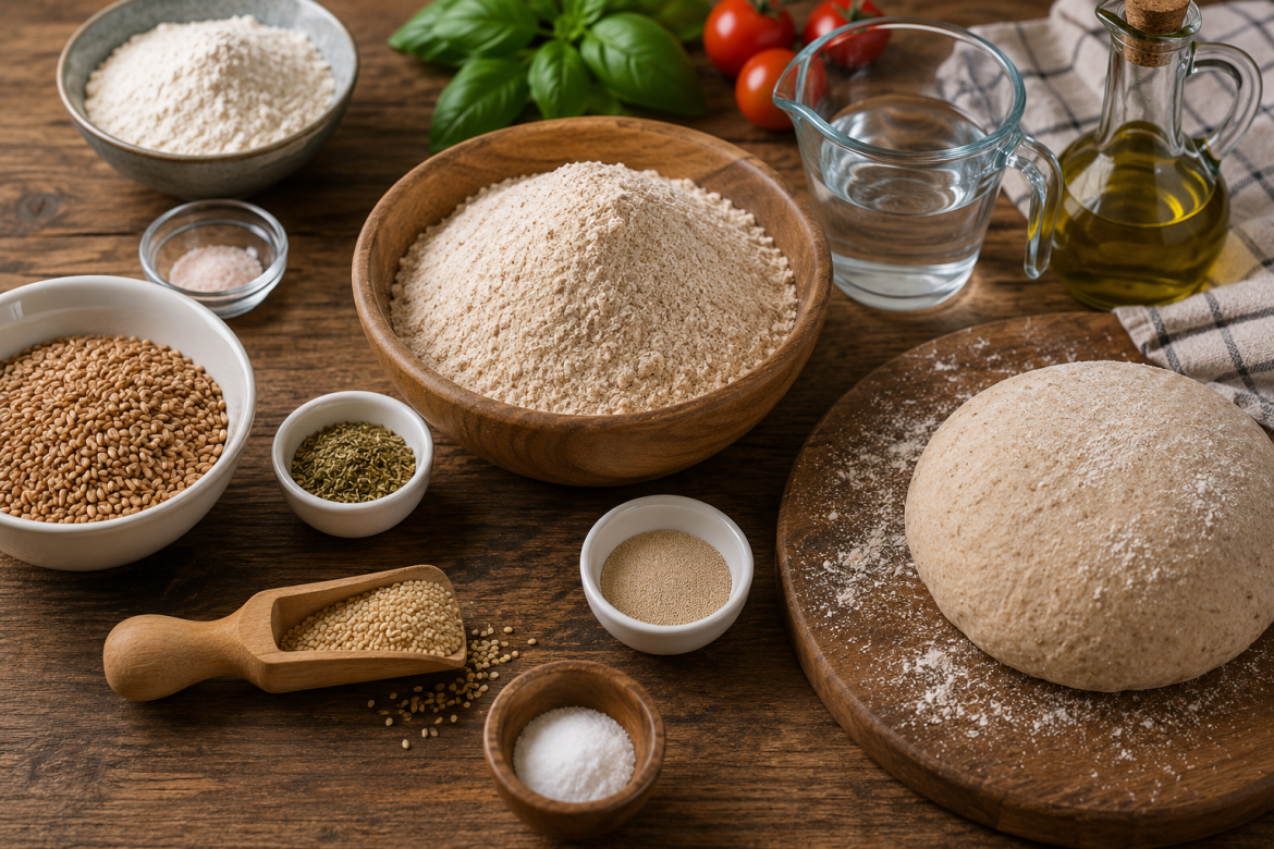 Цільнозернове борошно, пшениця, дріжджі, олія та інші продукти для приготування корисного тіста
