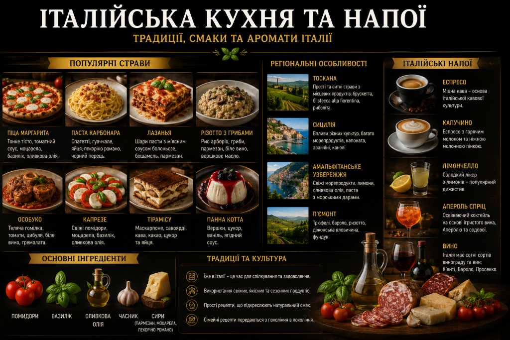 Інфографіка про італійську кухню, популярні страви, напої, регіональні особливості, традиційні інгредієнти та кулінарні традиції Італії.