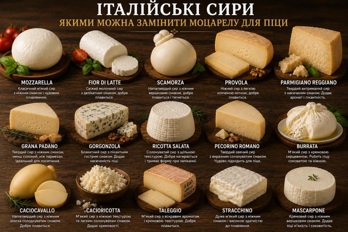 Добірка італійських сирів — моцарела, фіор ді латте, скаморца, пармезан, горгонзола та інші — для піци