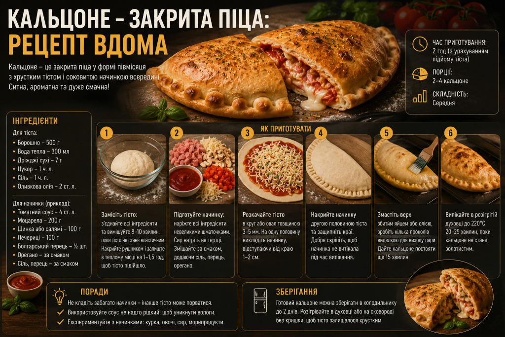 Інфографіка з покроковим рецептом приготування кальцоне вдома