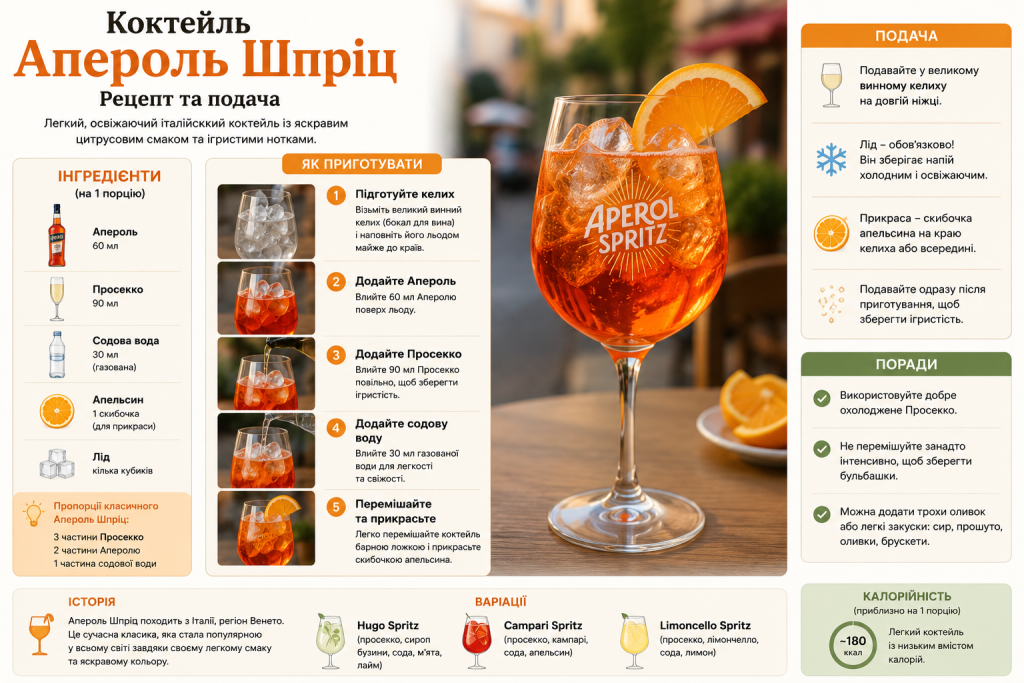 Інфографіка з рецептом коктейлю Апероль Шпріц, інгредієнтами, покроковим приготуванням та порадами щодо подачі