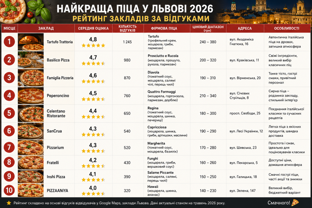 Рейтинг топових піцерій Львова за відгуками з цінами та адресами закладів