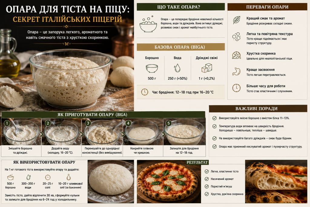 Інфографіка про опару для тіста на піцу з поясненням принципу приготування, переваг ферментації, рецепта та рекомендацій для отримання ідеального тіста.
