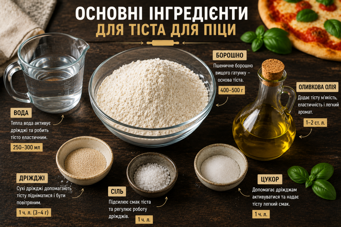 Борошно, дріжджі, олія, сіль, цукор та вода для приготування тіста на піцу
