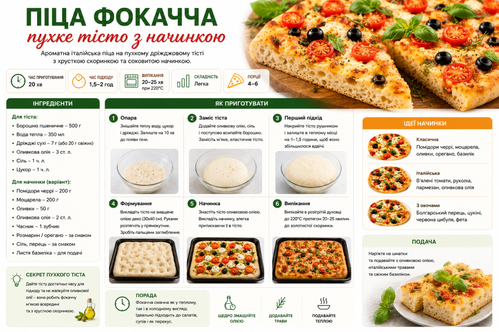 Інфографіка з рецептом піци фокачча з помідорами чері та оливками, інгредієнтами та етапами приготування