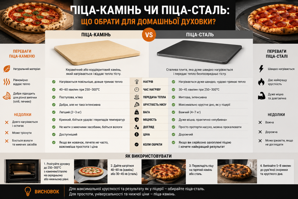 Інфографіка з порівнянням піца-каменю та піца-сталі, їхніх переваг, недоліків, часу нагрівання, особливостей використання та рекомендацій для випікання піци.