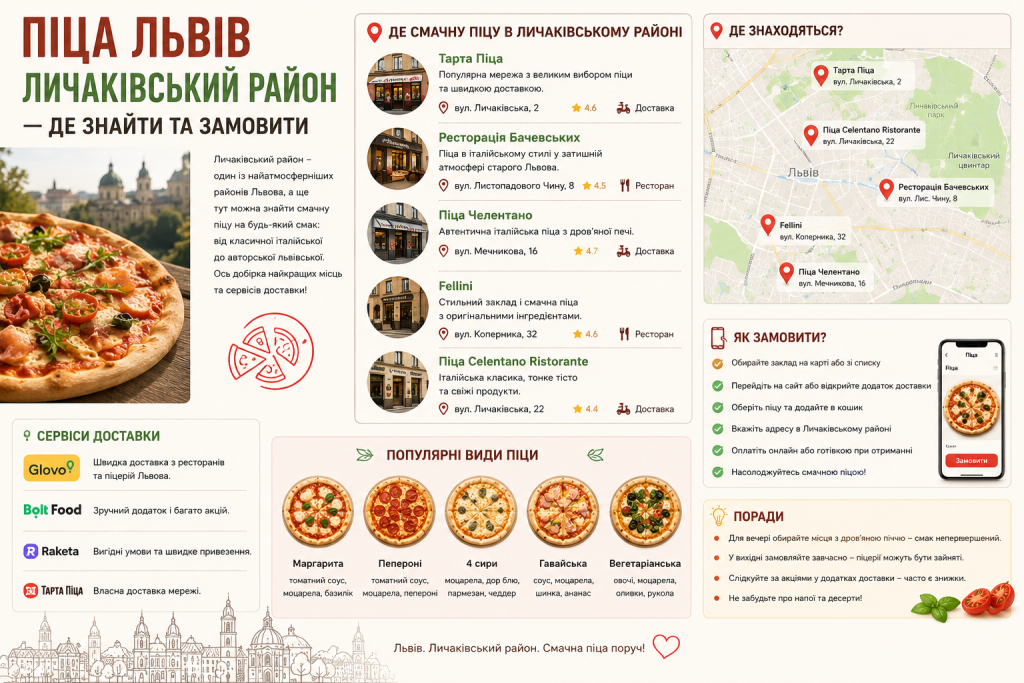 Інфографіка з підбіркою піцерій Личаківського району Львова, картою та сервісами доставки