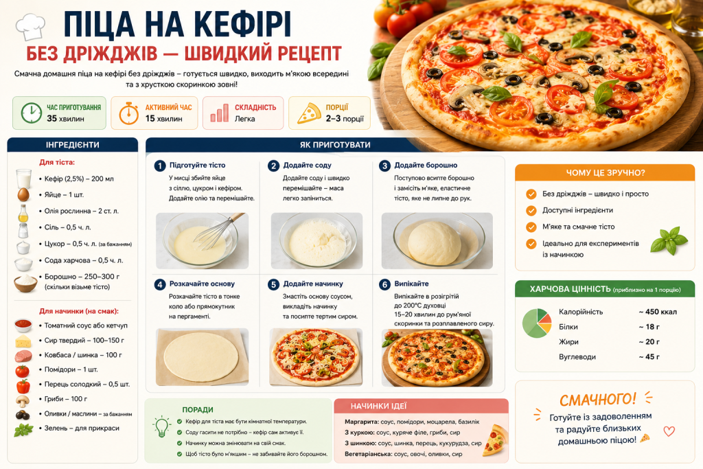 Інфографіка з рецептом швидкої піци на кефірному тісті без дріжджів з покроковими фото приготування