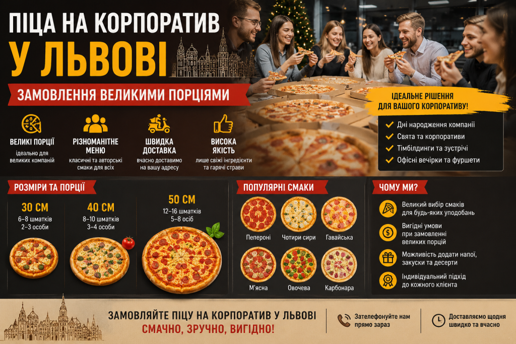Інфографіка про замовлення піци на корпоратив у Львові великими порціями