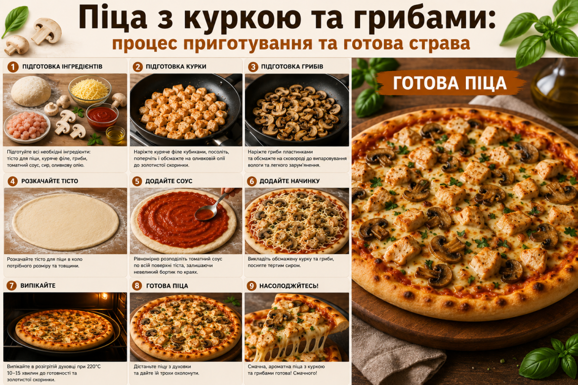 Етапи приготування піци з куркою та грибами та готова страва крупним планом