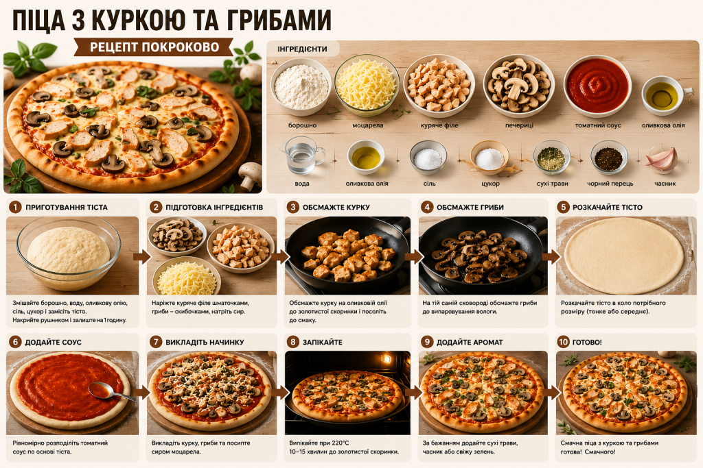 Покроковий рецепт піци з куркою та грибами з фото інгредієнтів та етапів приготування