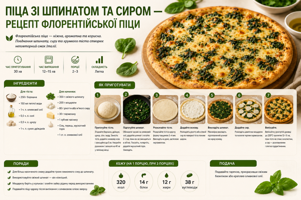 Інфографіка з рецептом флорентійської піци зі шпинатом та сиром