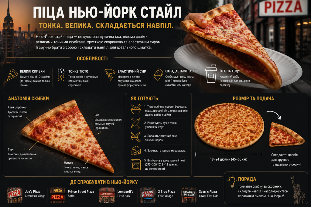 Інфографіка про піцу Нью-Йорк стайл — тонке тісто, великі скибки та спосіб приготування