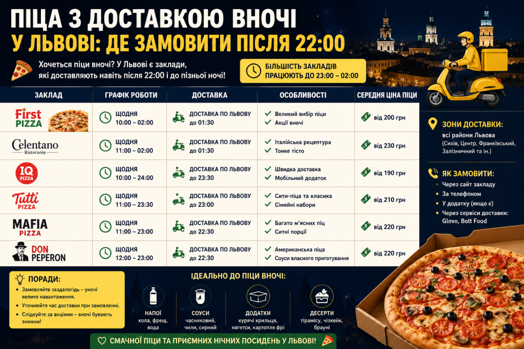 Інфографіка про доставку піци у Львові після 22:00 із переліком закладів, графіком роботи та особливостями доставки.