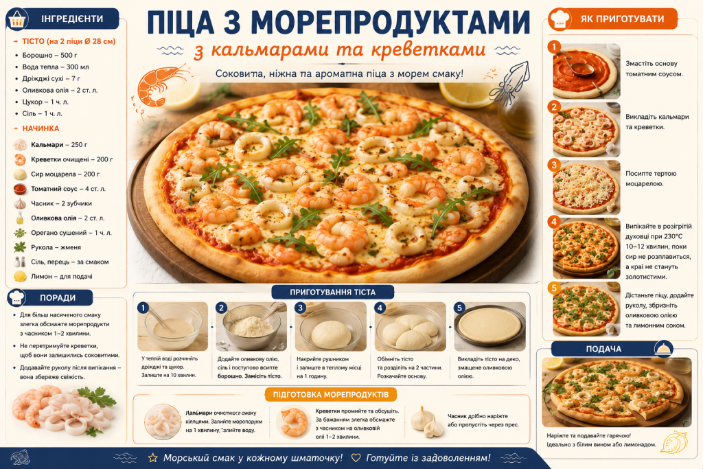 Рецепт соковитої піци з морепродуктами — кальмарами, креветками та руколою