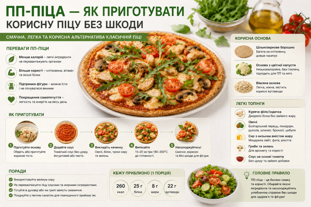 Інфографіка з рецептом корисної ПП-піци без шкоди для фігури