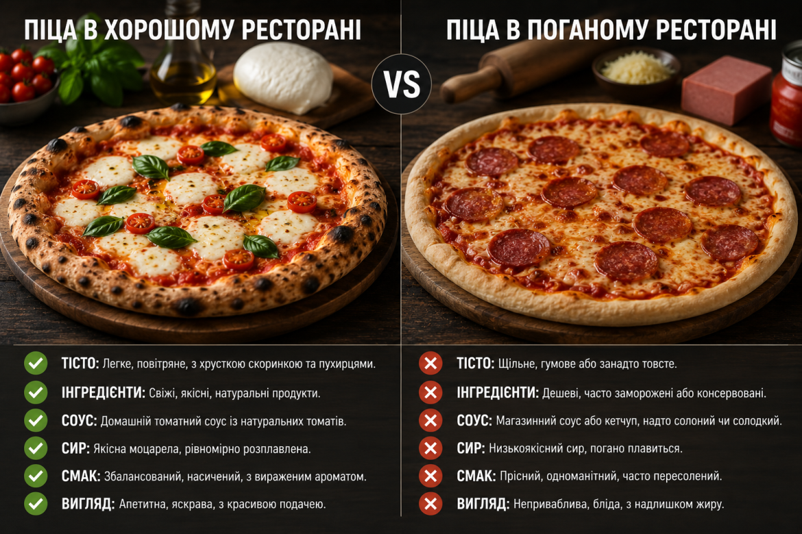 Порівняння піци Маргарита з хорошого ресторану та піци пепероні з поганого за тістом, інгредієнтами та смаком