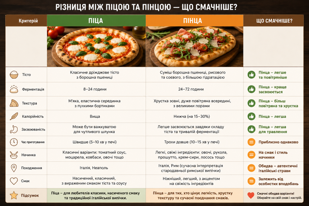Порівняльна таблиця відмінностей між піцою та пінцою за тістом, текстурою, калорійністю та смаком