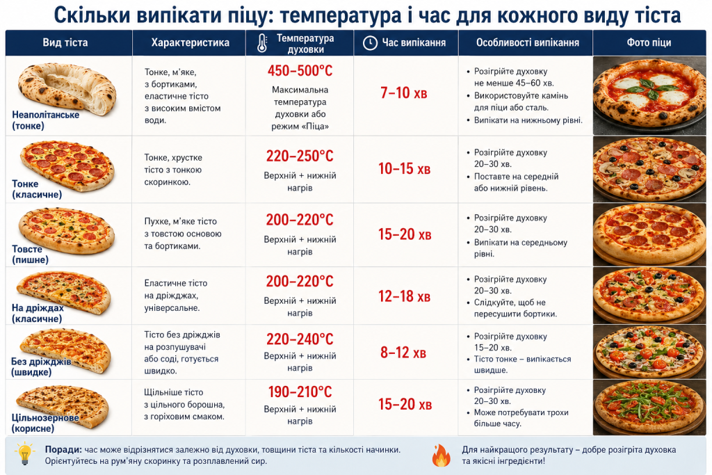 Таблиця температури та часу випікання піци залежно від виду тіста