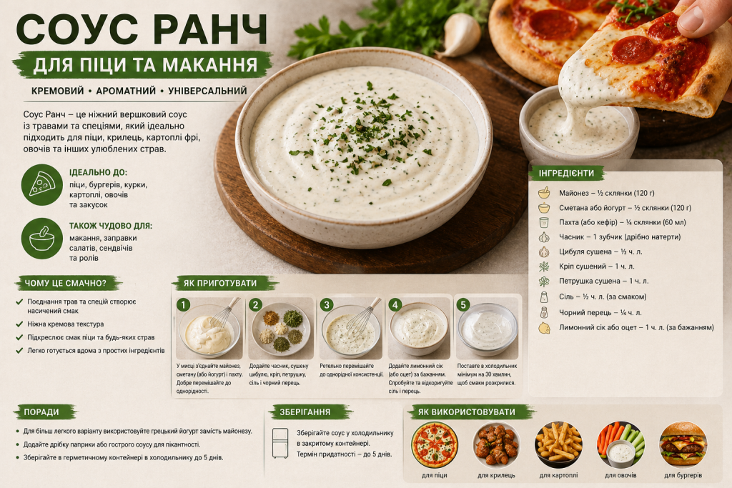 Інфографіка з рецептом домашнього соусу ранч для піци та макання