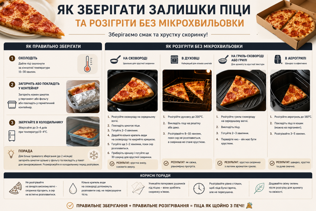 Інфографіка зі способами зберігання та розігрівання залишків піци на сковороді, в духовці, аерогрилі