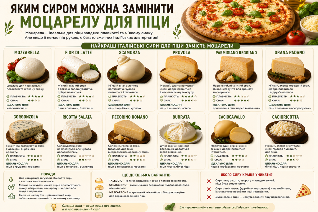 Інфографіка з італійськими сирами-альтернативами моцарелі для піци з характеристиками плавкості та смаку