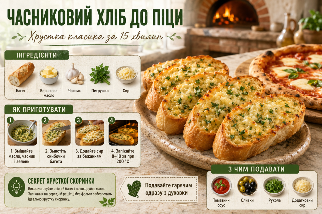 Інфографіка з рецептом часникового хліба до піци з багетом, часником, маслом, зеленню та сиром