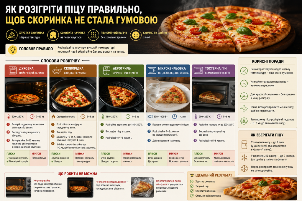 Інфографіка про способи правильного розігрівання піци в духовці, на сковороді, в аерогрилі та мікрохвильовці