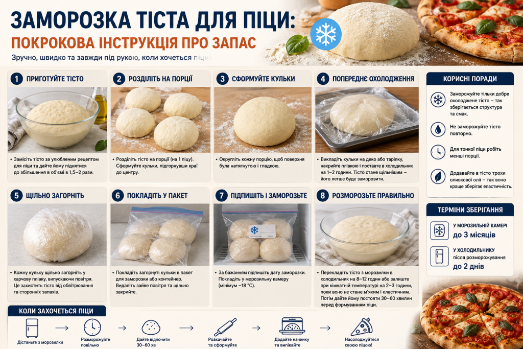 Покрокова інфографіка про підготовку, пакування, заморожування та правильне розморожування тіста для піци